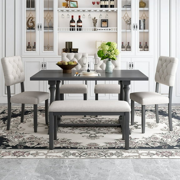 EUROCO 6-Piece Dining Table and Chair Set with Special-shaped Legs and Foam-covered Seat Backs&Cushions for Dining Room