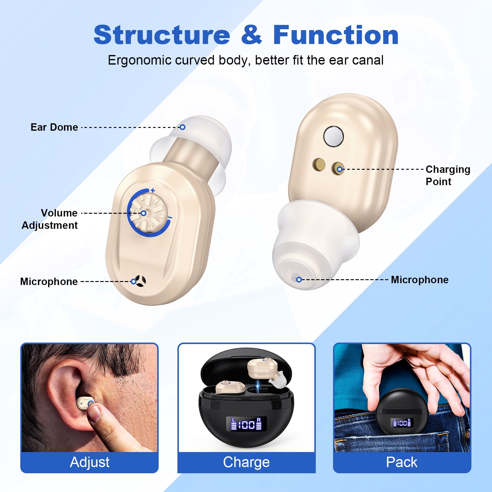Hearing Aids for Seniors Rechargeable with Noise Cancelling, Hearing Amplifier for Adults Hearing Loss, Invisible Hearing Aid, In Ear Sound Amplifier With Charging Case