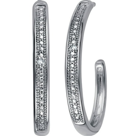Genuine 0.02 Carat Natural Diamond Accent Hoop Earrings In 14K White Gold Plated