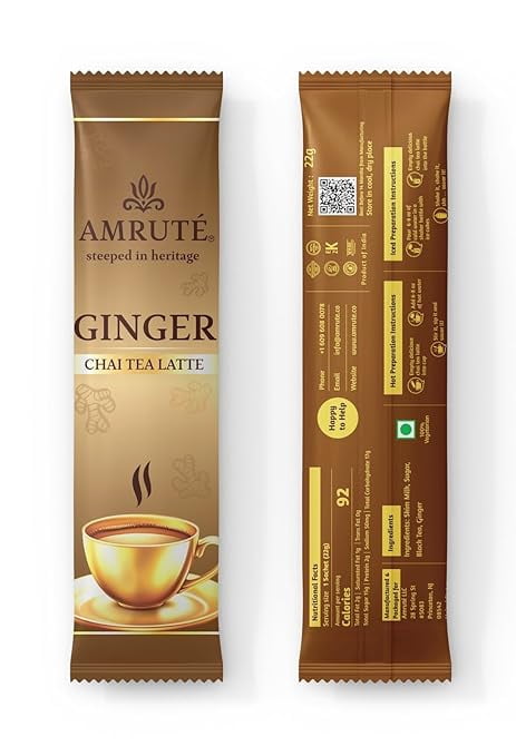 Amruté Ginger Chai Tea Latte – 10 Single Serves, Instant Chai Drink Mix