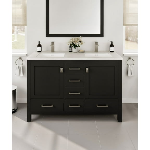 Eviva London 48" Transitional Espresso bathroom vanity with white Carrara Quartz and double Porcelain Sinks