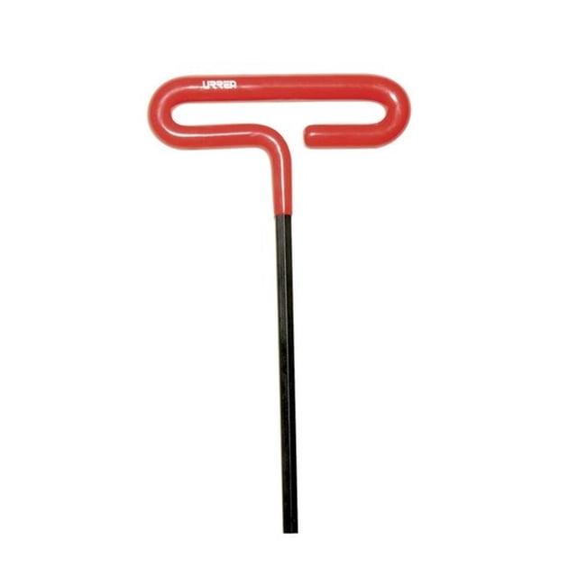 llave hexagonal t urrea mango vinil 3/32x6 46406g llave en T Urrea con maneral vinil amarillo según especificación y barra hexagonal negra, vista frontal centrada mostrando silueta en T. Especificaciones: medida nominal 3/32", largo 3", maneral 6"; acero tratado térmicamente y terminado fosfatado según ficha técnica. Diseñada para ofrecer torque extra; suele usarse también para mantenimiento y ajustes en equipo mecánico ligero.