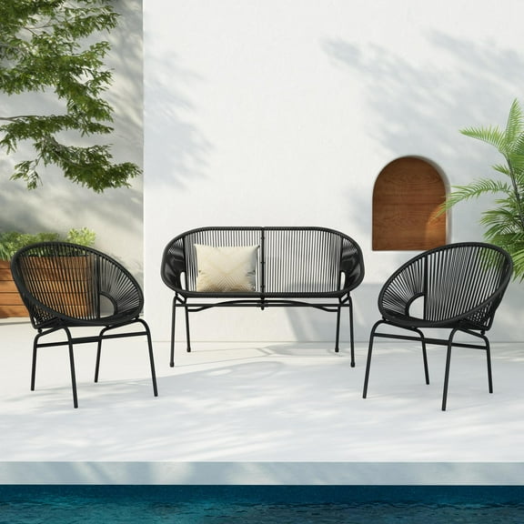 Christopher Knight Home 3-Piece Outdoor Patio Chat Set, Woven Rattan Club Chairs & Loveseat with Iron Frame, Black