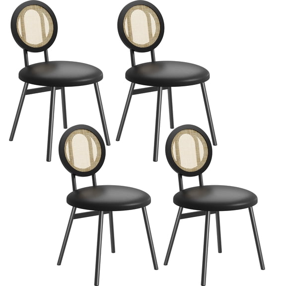 Modern Black Upholstered Dining Chairs with Natural Rattan Back & Metal Legs, Space-Saving Set of 4 for Kitchen, Dining Room