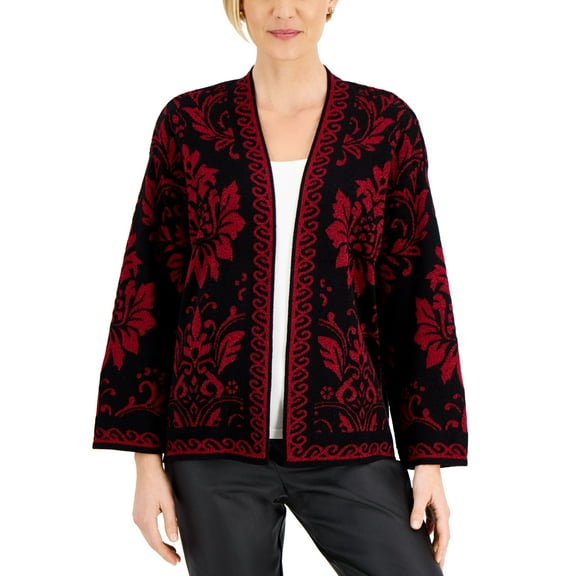 JM Collection Metallic Jacquard Open Cardigan Winery Combo 2XL
