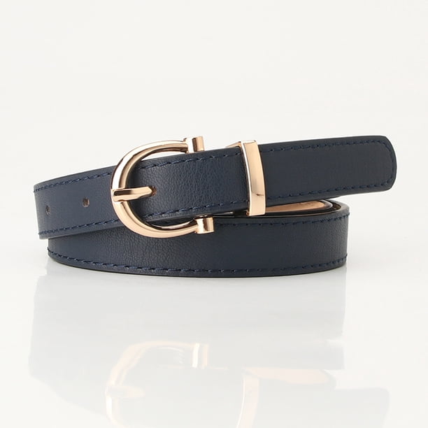 Xiao Hua Cinturón de piel sintética para mujer, ideal para vestir y vaqueros, con hebilla dorada (azul oscuro).
