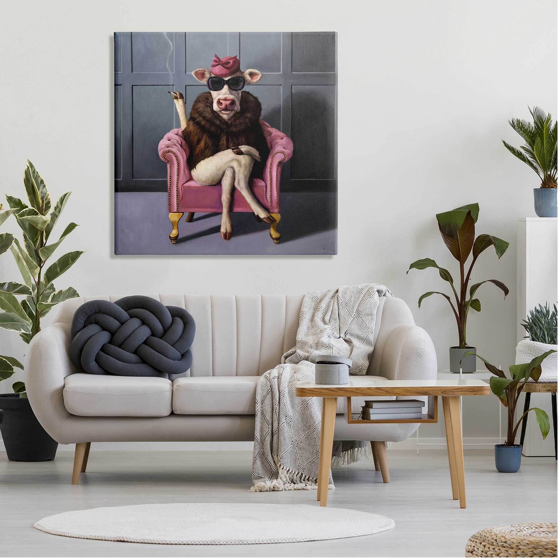 Chic Pink Glam Fashionable Cow Animals & Insects Painting Gallery Wrapped Canvas Print Wall Art