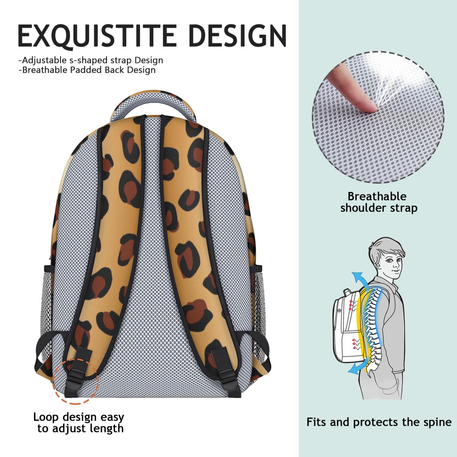 Leopard Print Backpack for School,Cute School Bag,Schoolbag with Adjustable Shoulder Straps & Padded Back,15.3"x11"x6.7"