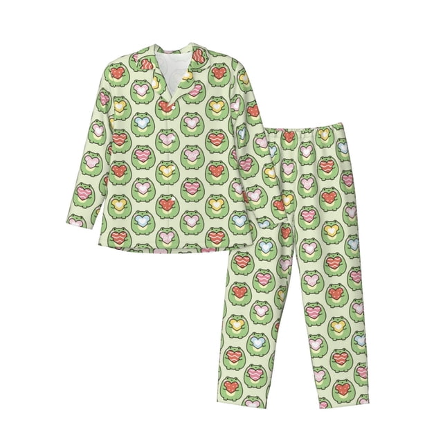 Fotbe Cute Chubby Frog Pijama de Hombre con Estampado de Manga Larga, Conjunto de 2 Piezas, Ropa de Dormir Suave y Cómoda con Bolsillos-X-Large