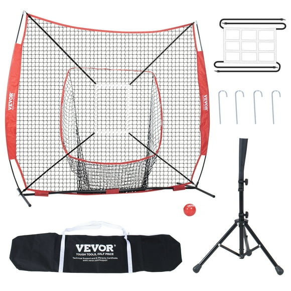 VEVOR 7x7 ft Baseball Softball Practice Net, Portable Baseball Training Net, with Bow Frame, Carry Bag, Strike Zone, Ball, Batting Tee