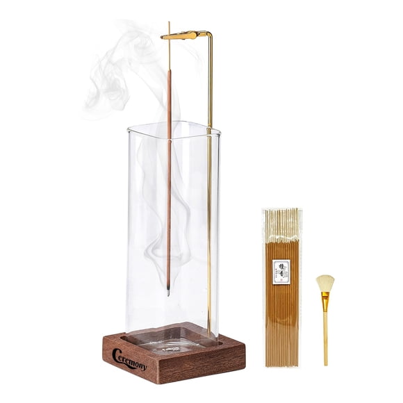 Soporte para incienso de madera para ceremonias con colector de cenizas de cristal y 20 varillas