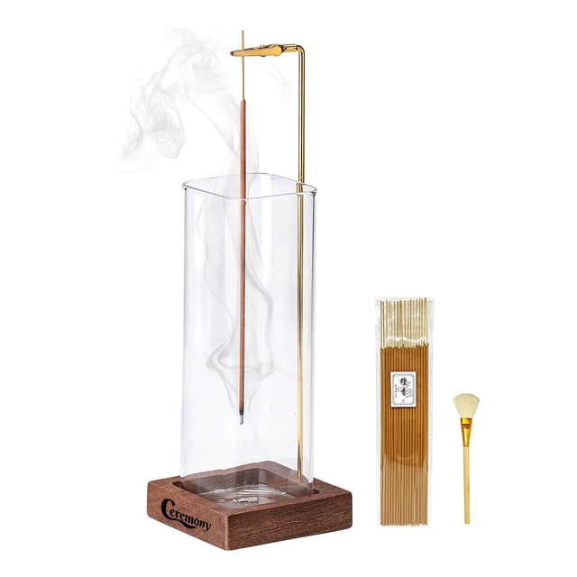 Soporte para incienso de madera para ceremonias con colector de cenizas de cristal y 20 varillas