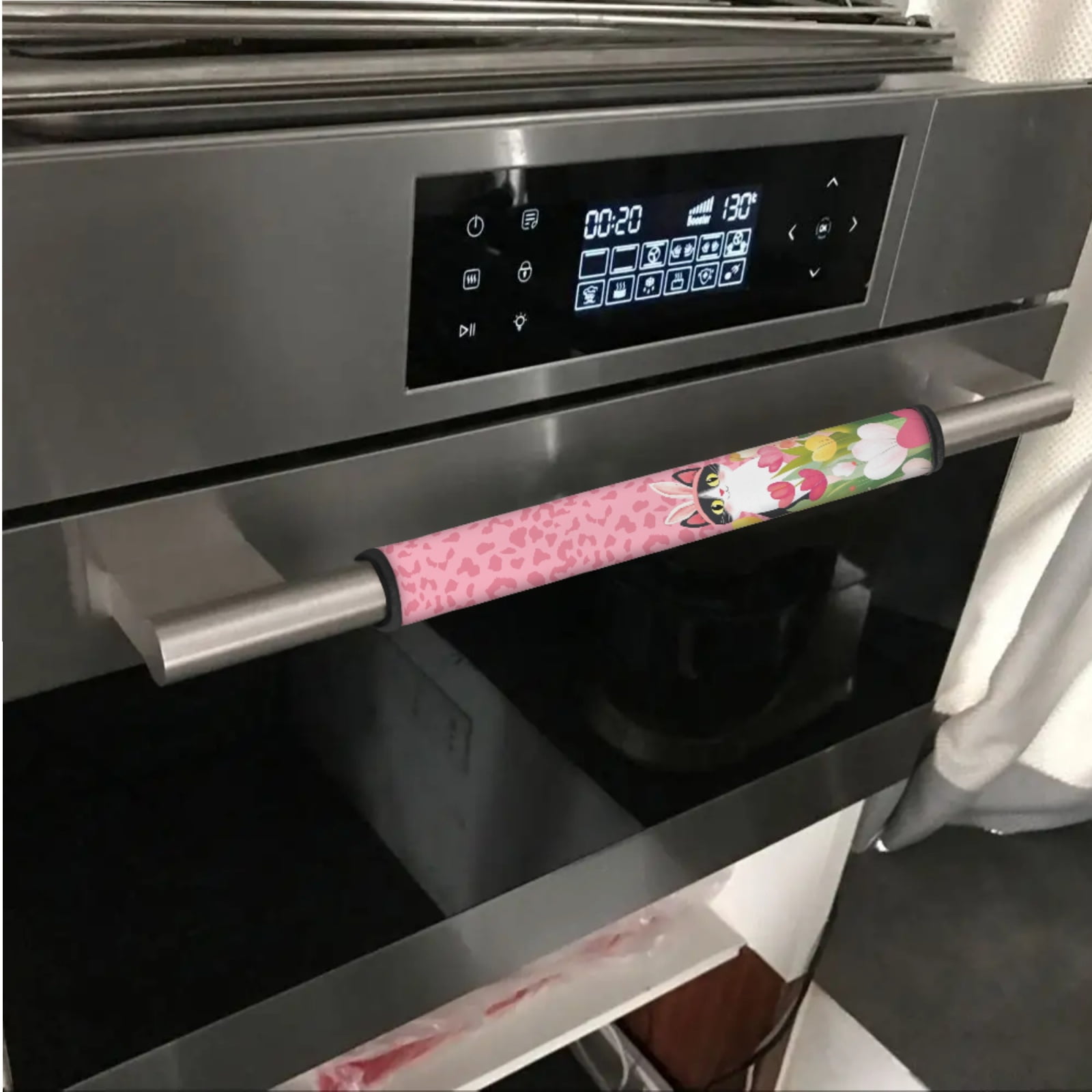 SEANATIVE 6 PCS Fridge Microwave Door Handle Covers Kitchen Appliance Decor Handles Washable Refrigerator Kitchen Cabinet Dishwasher Door Cloth Protector, Bunny Ear Cat Tulip Leopard Print Pink
