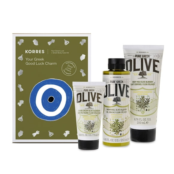 KORRES Collection de Soins du Corps à la Fleur d'Olivier / Gel Douche à l'Olivier Grec Pur, Crème pour le Corps et les Mains, Ensemble de 3 Pcs