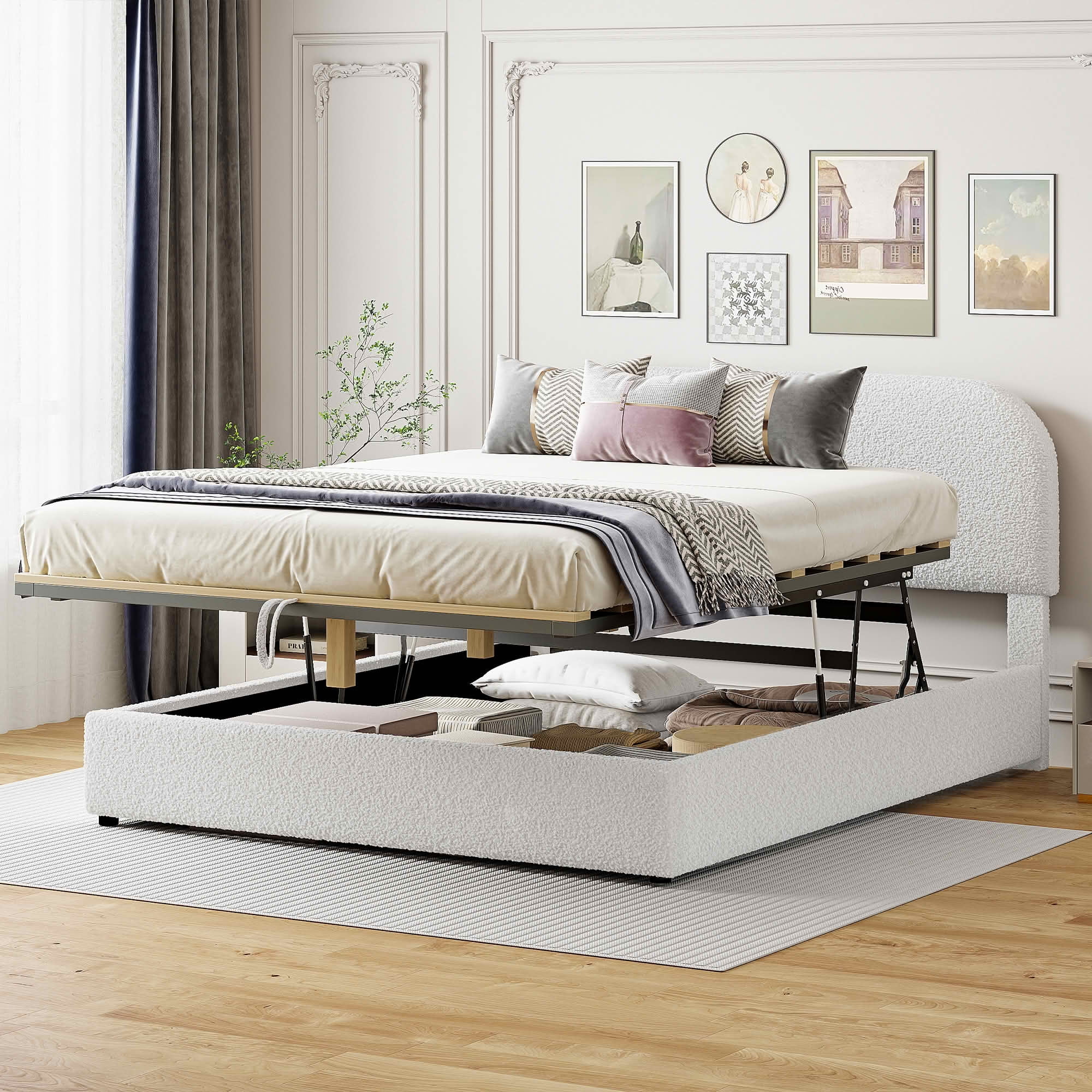 MAYEERTY Teddy Fleece Upholstered Platform Bed with Underbed Storage, Curved Design & Sturdy Solid Frame
