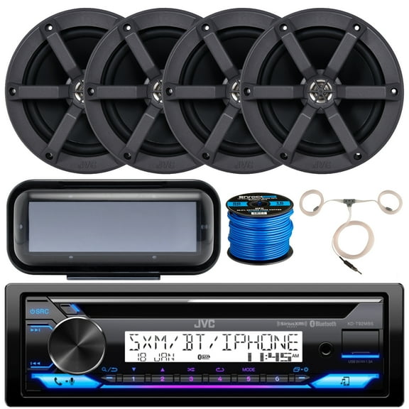 JVC KD-T92MBS Single DIN Marine MotorSports Bluetooth USB AUX AM/FM Stereo CD Player Receiver w/ 4x JVC CSMS620 6.5" 2-Way 100W Max Marine Speakers, Radio Cover Speaker Wire   Antenna