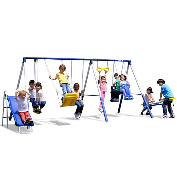 Sportspower Super 9 Metal Swing Set for Outdoor Backyard Play: Teeter Totter, Glide Ride, Roman Glider, Standing Swing, Trapeze, 5ft Slide, Anchor Kit, 7.5' D × 17.1' W × 6.1' H