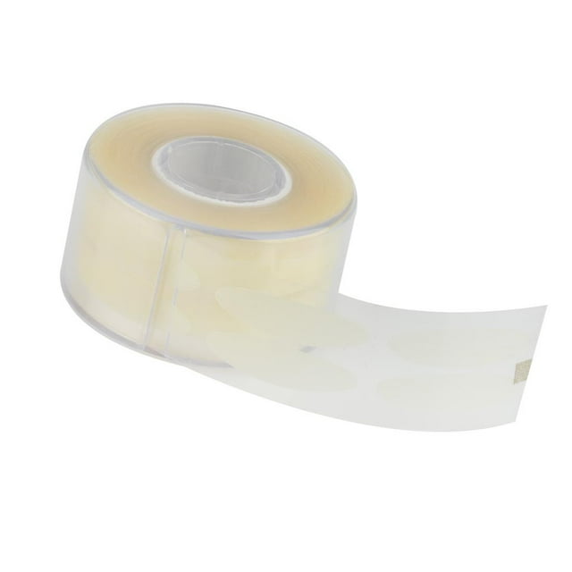 pegamento cosmético para párpados jinwen cinta adhesiva para párpados pegamento grande 600 uds. Rollos de cinta transparente color desnudo en vista 3/4 con una tira desplegada que muestra pegatinas en forma de arco para doble párpado, cada pegatina aprox. 25 x 3.5 mm (0.98 x 0.14 in), material cinta, paquete total 300 pares; también suele usarse para prácticas de maquillaje de ojos.
