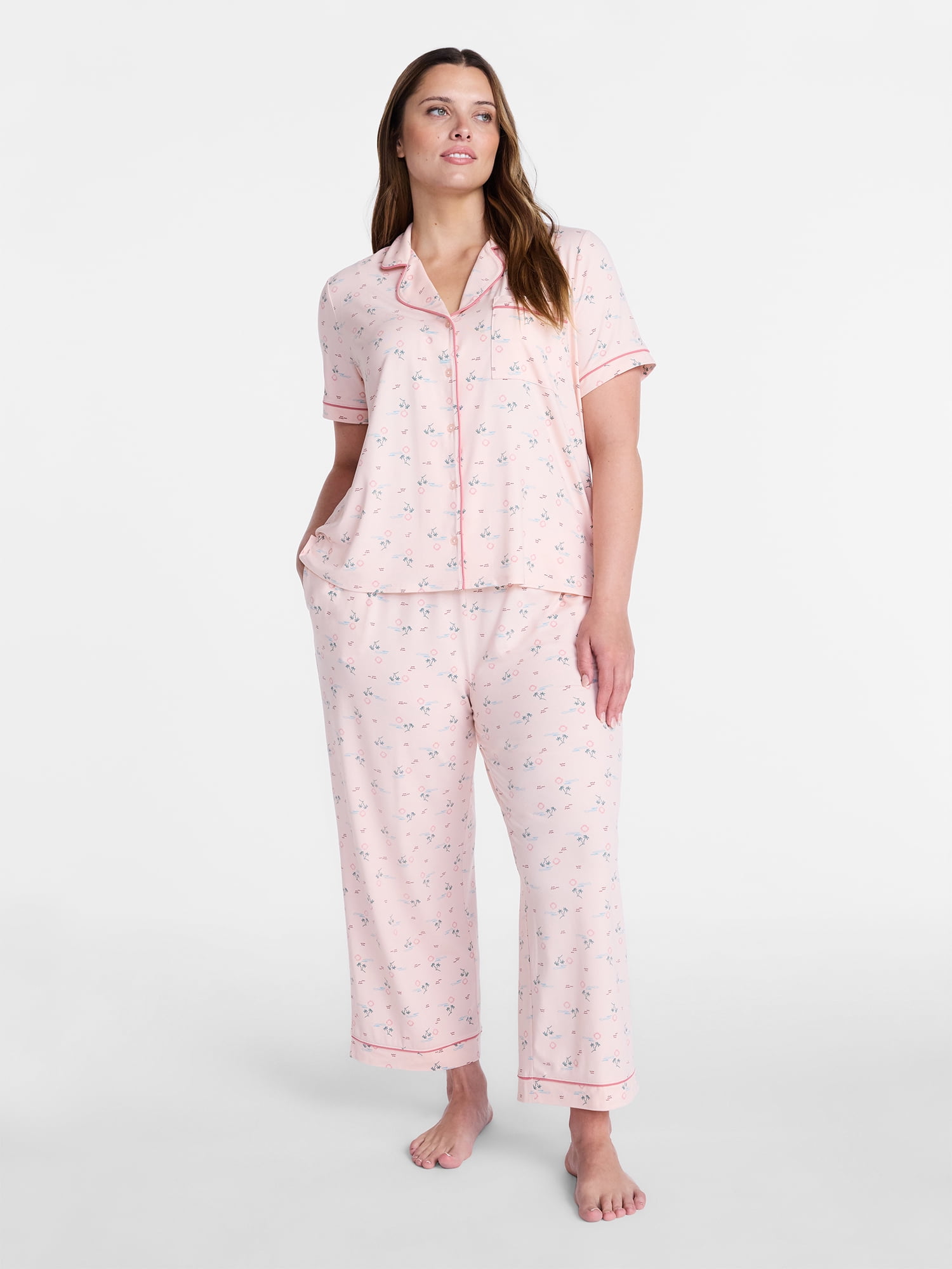 Joyspun Women's Dreamy Soft Collection Notch Collar Top and Capri Pants Pajama Set, 2-Piece, Sizes XS-3X