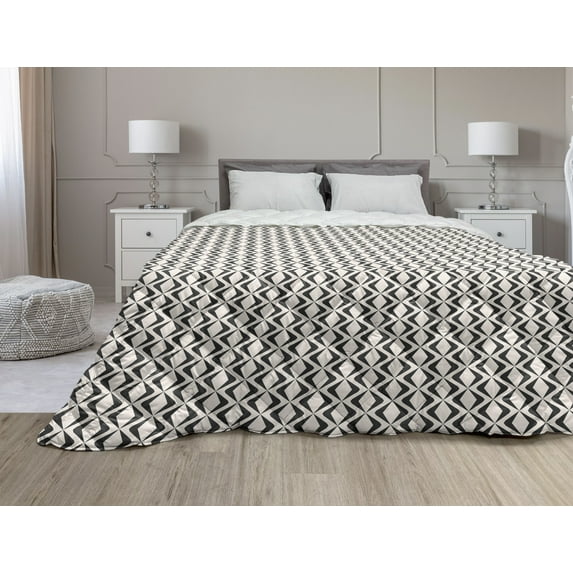 Geometrical Down Alternative Comforter, Abstract Quatrefoil Symmetric Monochrome Classic Simplistic Vintage Style, Microfiber Quilt for All Season, 5 Sizes, Grey and White, by Ambesonne