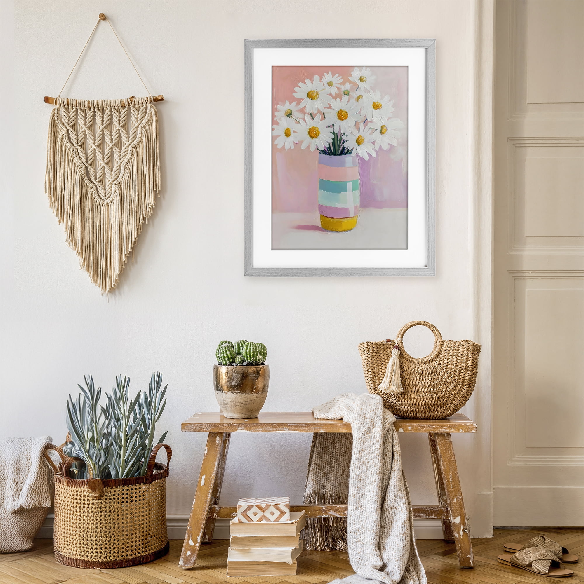 Stupell Industries Daisies in Striped Vase Gray Framed Print Under Glass, design by The Prints Vibe