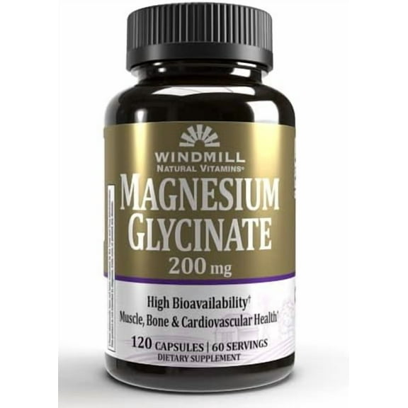Windmill Natural Vitamins Magnesium Glycinate 200 mg, Supports Muscle, Joint, and Heart Health, Energy and Bone Support, Veggie Capsules, Gluten Free, Vegan, Non-GMO, 120 Capsules