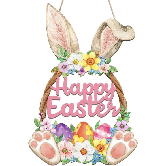 Easter Bunny Door Sign - Pink Wooden Hanging Plaque with Bunny, Eggs & Floral Design for Spring Decor, Indoor/Outdoor Door, Wall, Porch & Yard Decoration(A)