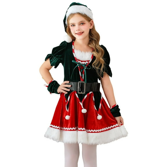 XIMIN Kids Girls Christmas Elf Santa Claus Helper Costume Short Sleeve Dress Set Velvet Cape Party Santa Dresses   Belt Hat Wristband Collar Special Occasion Winter Fall Outfit