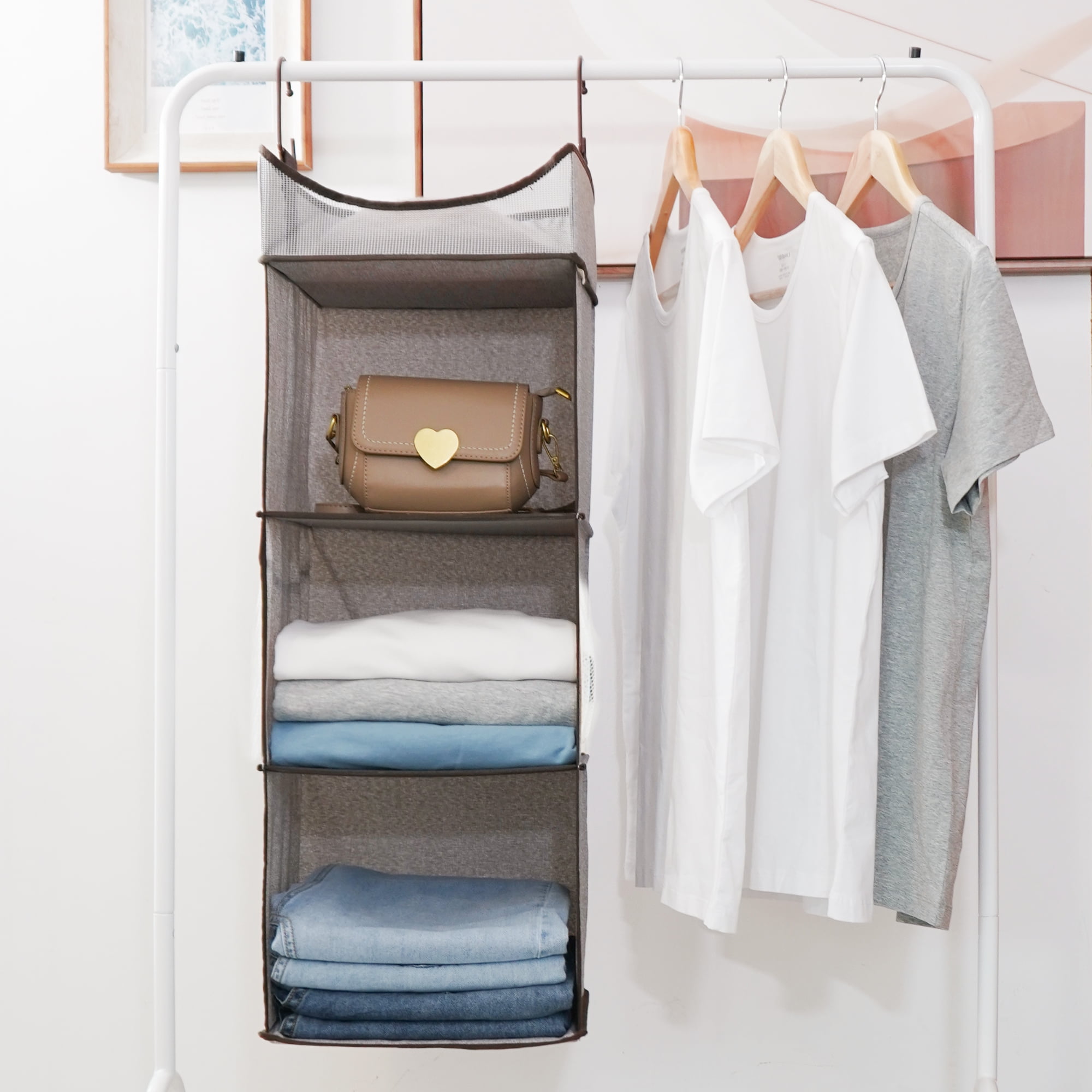 Canvas Wardrobe Organiser Triple Storage Hanging Clothes Rail Shelves Cupboard 