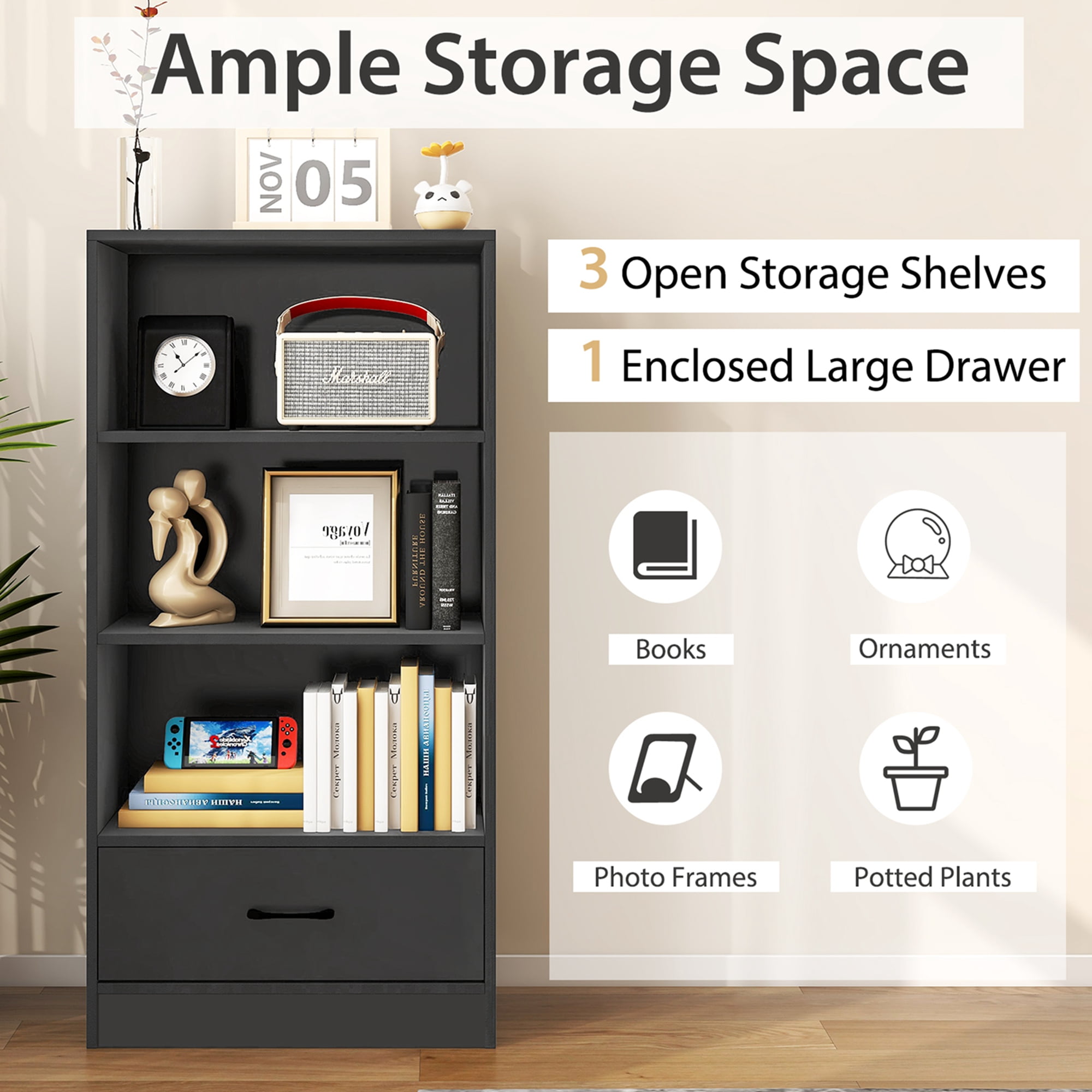 Costway 48'' 4-Tier Display Organizer Bookcase, Grey