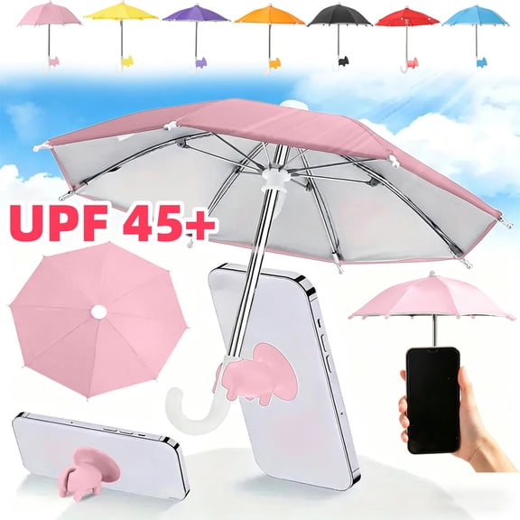 Phone Umbrella for Sun Shade, UPF 45 Updated Clip On Mini Phone Umbrella Anti-Glare Cellphone Screen Protector Gifts for Beach Pool Tanning Car Travel Vacation Essentials, Black