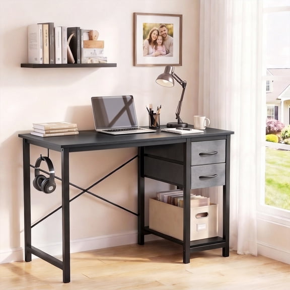 Atilioo 40" Computer Desk, PC Table with 2 Fabric Drawers & Headphone Hook, Sturdy Metal Frame, Easy Assembly for Home Office, Black