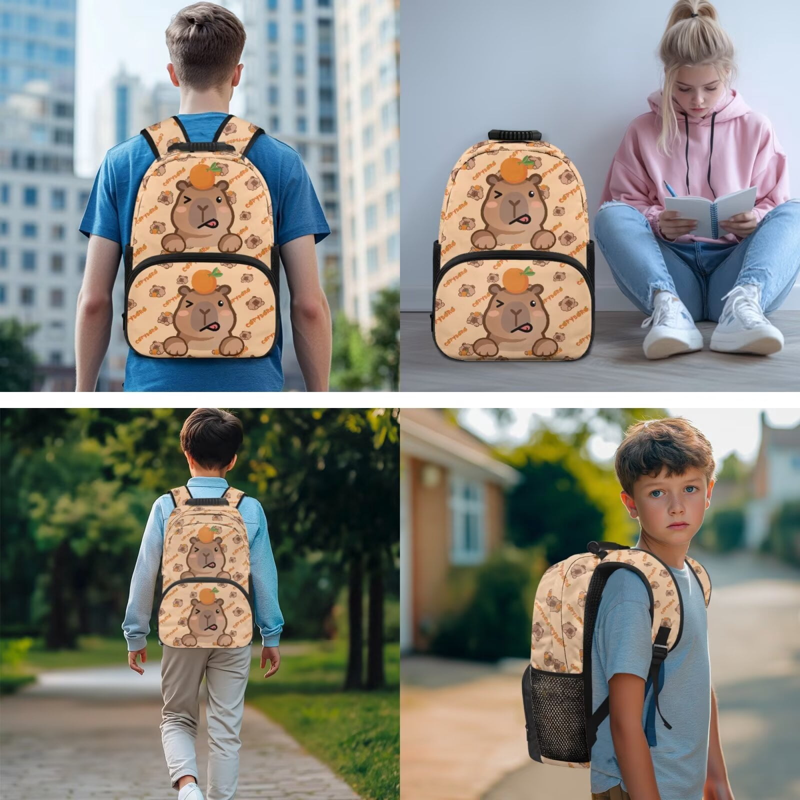 Pzuqiu Bee Capybara 4 Piece School Backpack Set for Girls Kids 17 Inch Back Pack with Lunch Box Pencil Bag Bookbag for Teens Lightweight Casual Travel Daypack for Middle School
