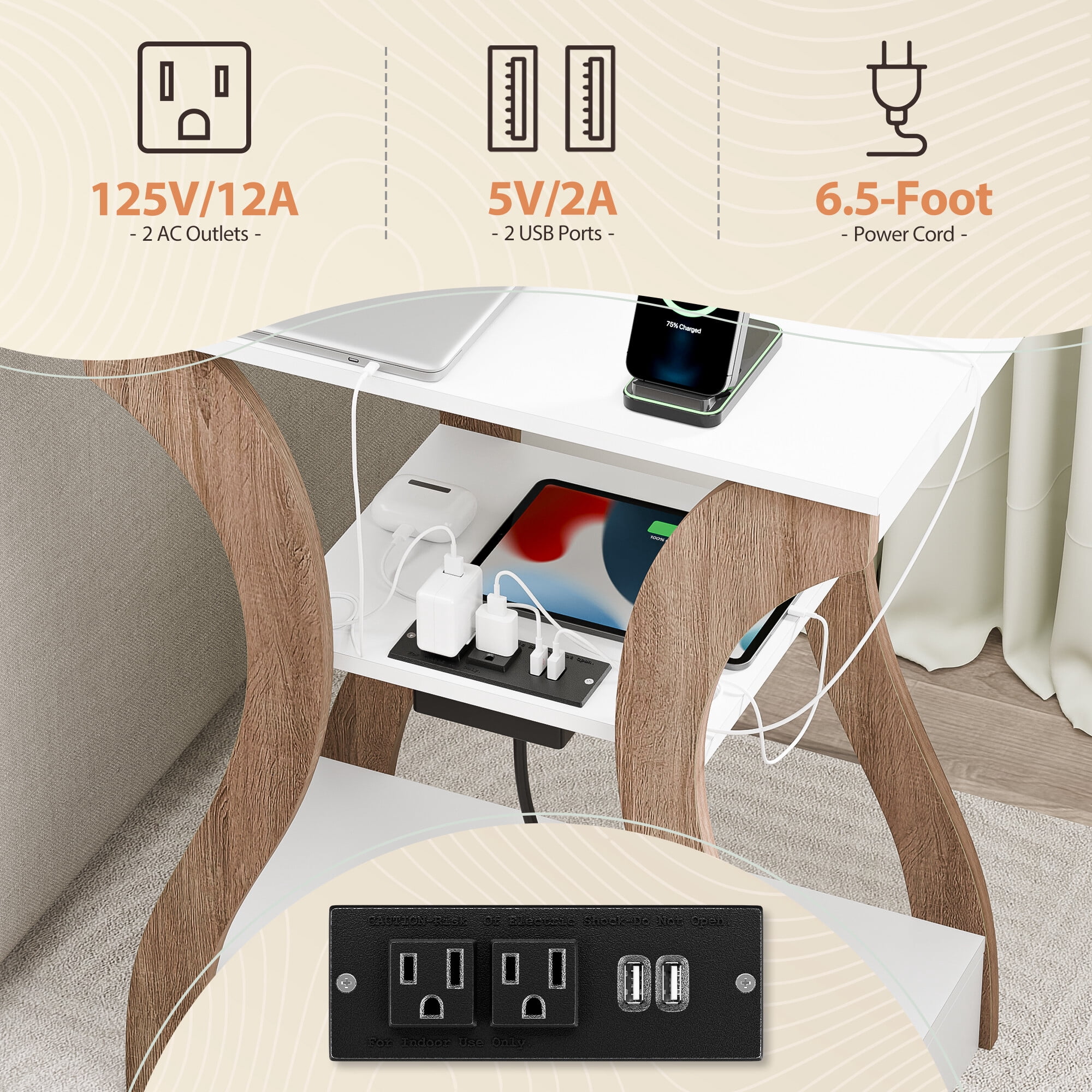 ZENY End Table with Charging Station, Bedside Table with USB, 3 Tier Side Table Nightstand with Storage Shelf for Living Room Bedroom Natural White