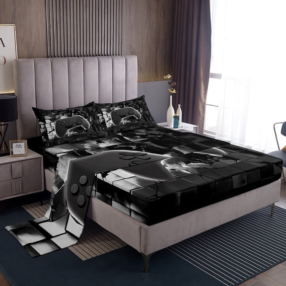 Erosebridal Video Game Sheet Set Twin,Geometric Plaid Bedding Sets Twin Size,Gradient Gamepads Twin Sheet Sets,Lightweight Buffalo Room Decorative,3pcs