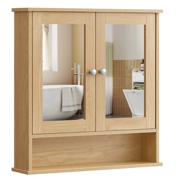 VASAGLE Bathroom Cabinet with Mirror, Wall Cabinet with 2 Mirrored Doors, Adjustable Shelf, Open Compartment, 13 x 56.5 x 58.5 cm, Natural Oak