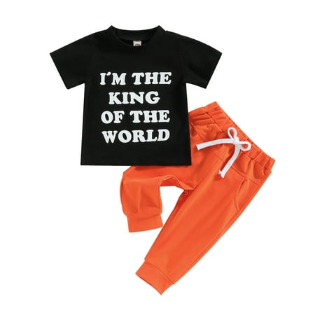 

Baby Boys Outfits Short Sleeve Crew Neck Letters Print T-shirt with Solid Pants（0-24Months，2-3Years）