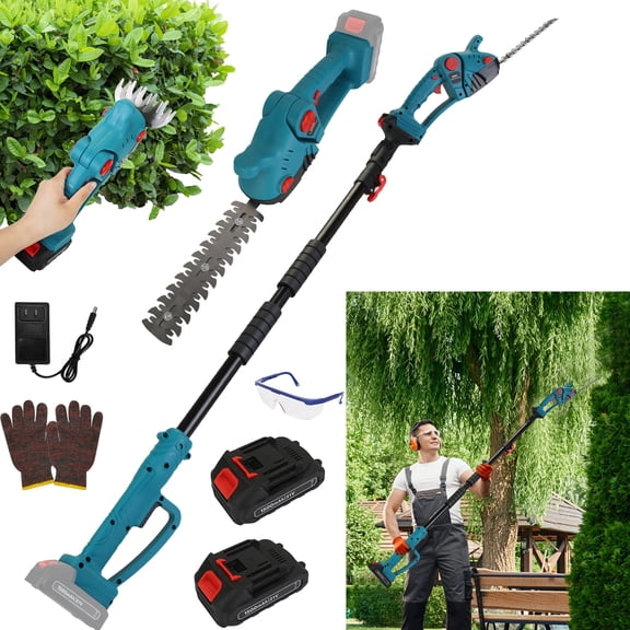 iMounTEK 3-in-1 Electric Cordless Pole Mini Hedge Trimmer & Grass Shear Telescopic Extension Pole Handheld Hedge Trimmer with Gloves Goggles 2Pcs 21V Batteries