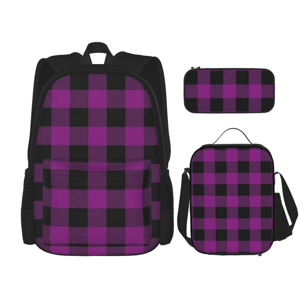Disketp Purple Black Plaid Mochila Estampada de Gran Capacidad con Lonchera y Estuche, Set de 3 Piezas para Estudiantes