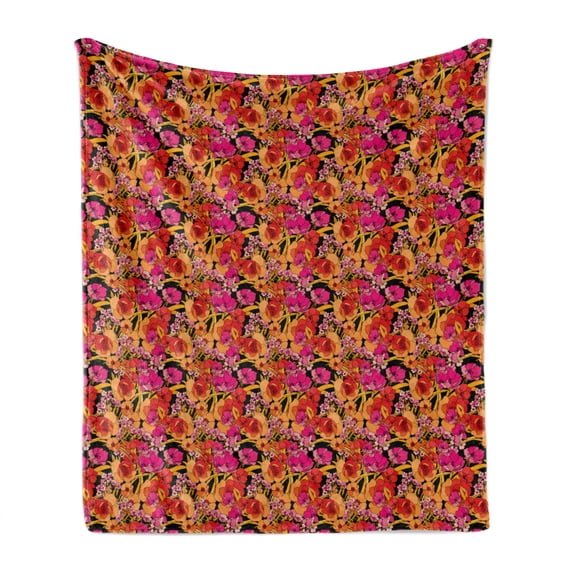 Spring Soft Flannel Fleece Throw Blanket, Romantic Botanical Illustration of Blossoming Seasonal Flowers on a Dark Backdrop, Cozy Plush for Indoor and Outdoor Use, 60" x 80", Multicolor, by Ambesonne