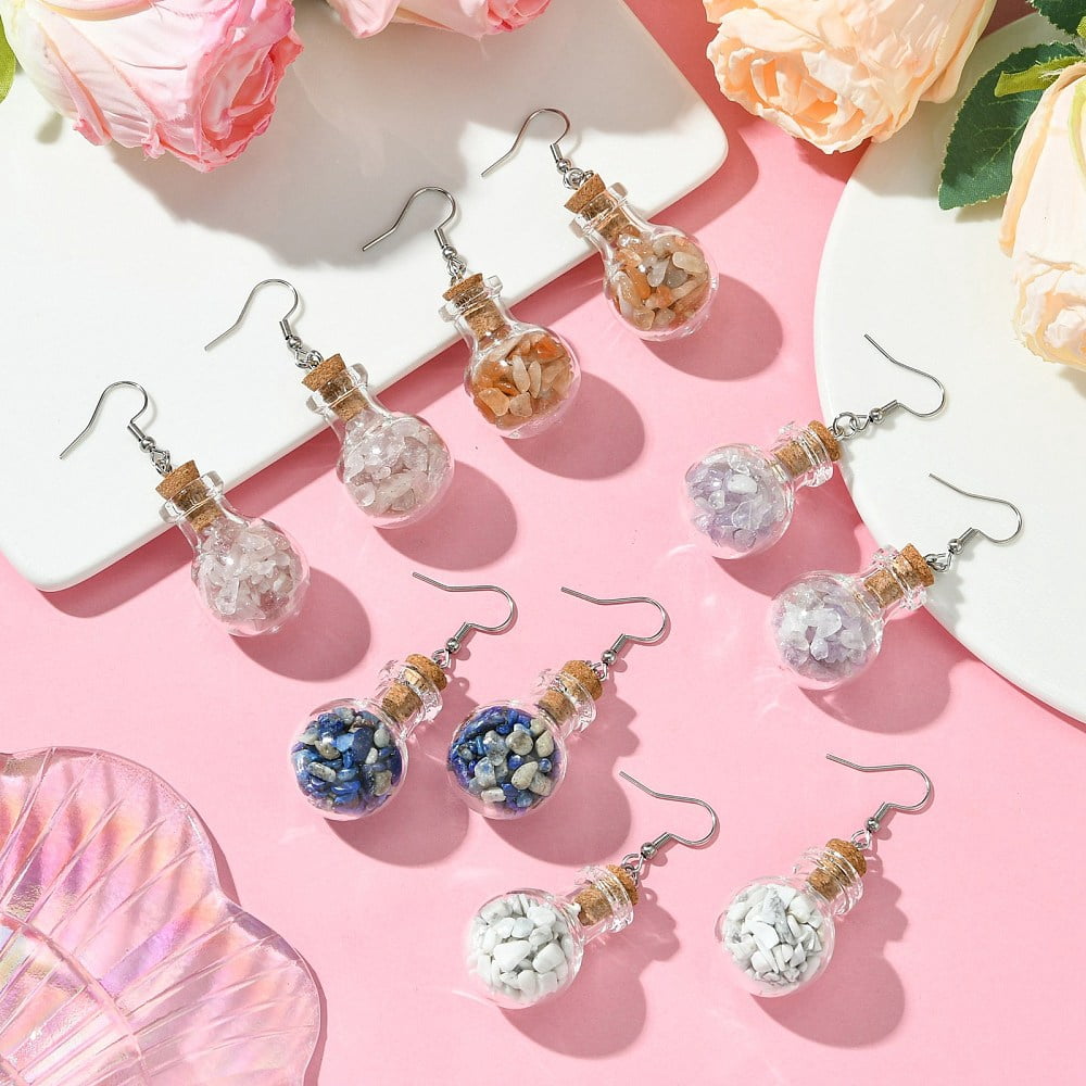 Natural Gemstone Chip Beads with Hole Inside Glass Bottle Dangle Earrings with 304 Stainless Steel Earring Hooks 52mm Pin: 0.7mm
