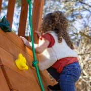 Gorilla Playsets Avalon Swing Set with Wood Roof, Trapeze Arm, Climbing Wall and Slide, Amber