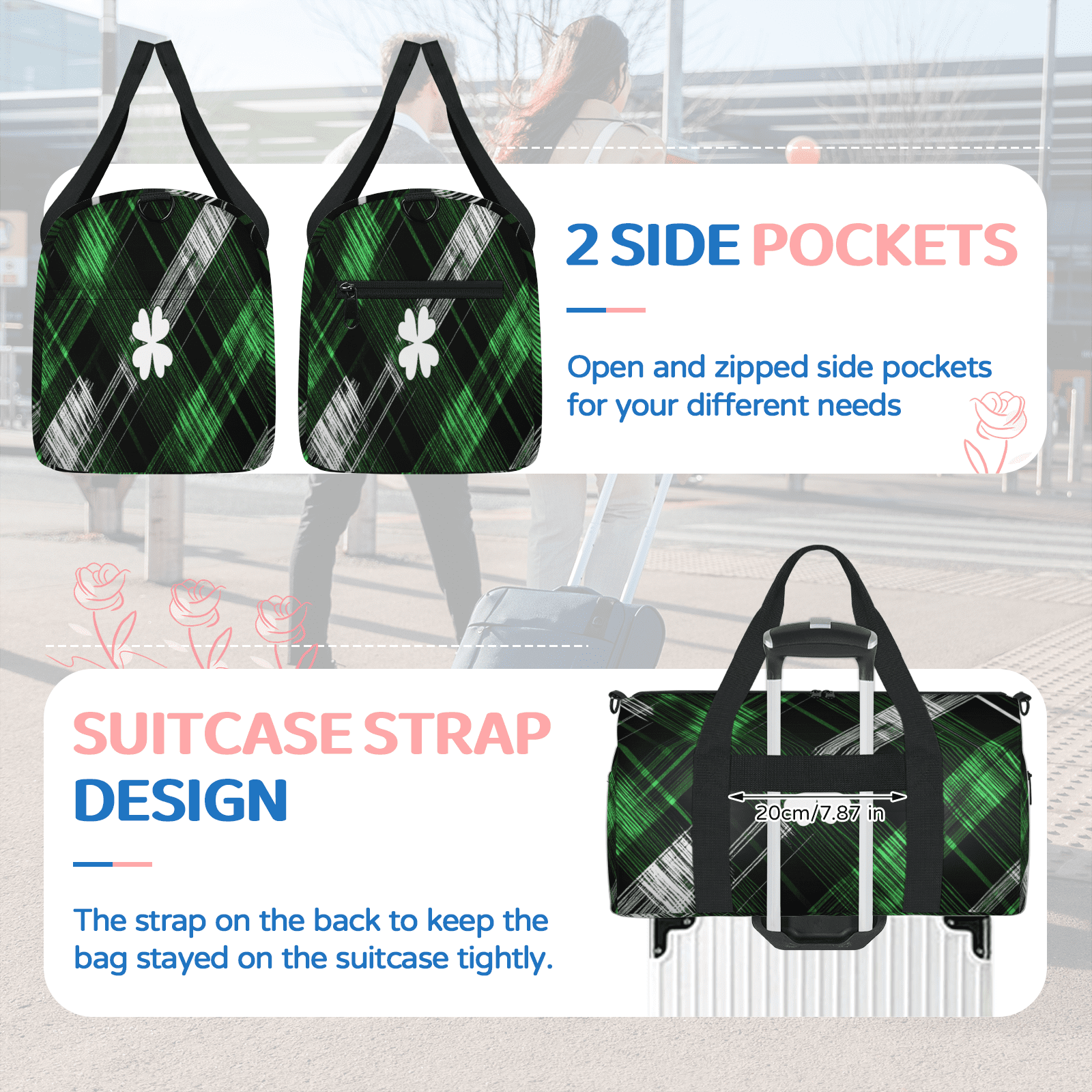 Herdesigns St Patrick's Day Lucky Shamrock Gym Bag for Women, Duffle Bag for Travel Sport, Lightweight Waterproof Carry on Weekender Overnight Dance Yoga Workout Bags