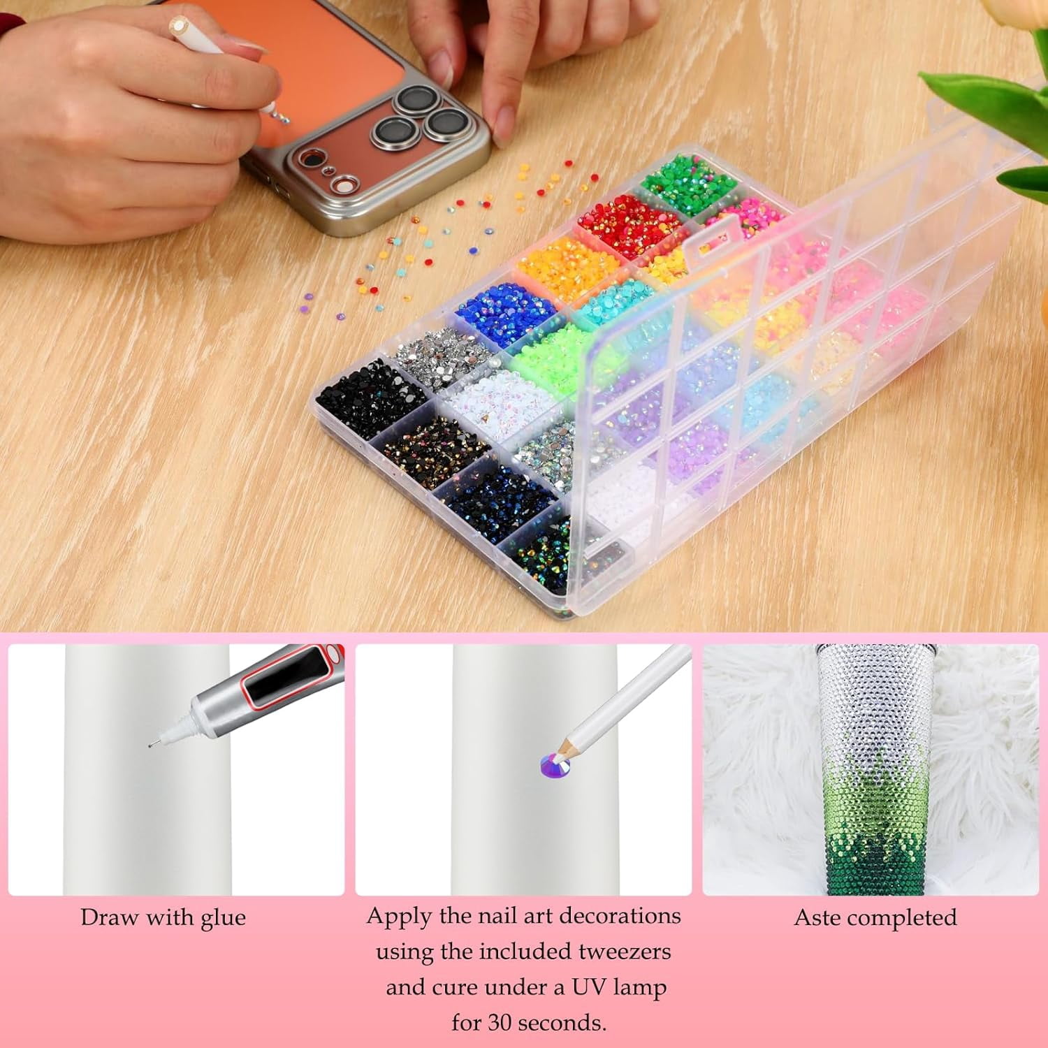 32000pcs Colorful DIY Resin Rhinestone Kit, Resin Jelly Rhinestones for Bedazzling, Multicolor Flatback Gems for Diamond Art 3Pcs Jewelry Glue for Bedazzled Nail Art