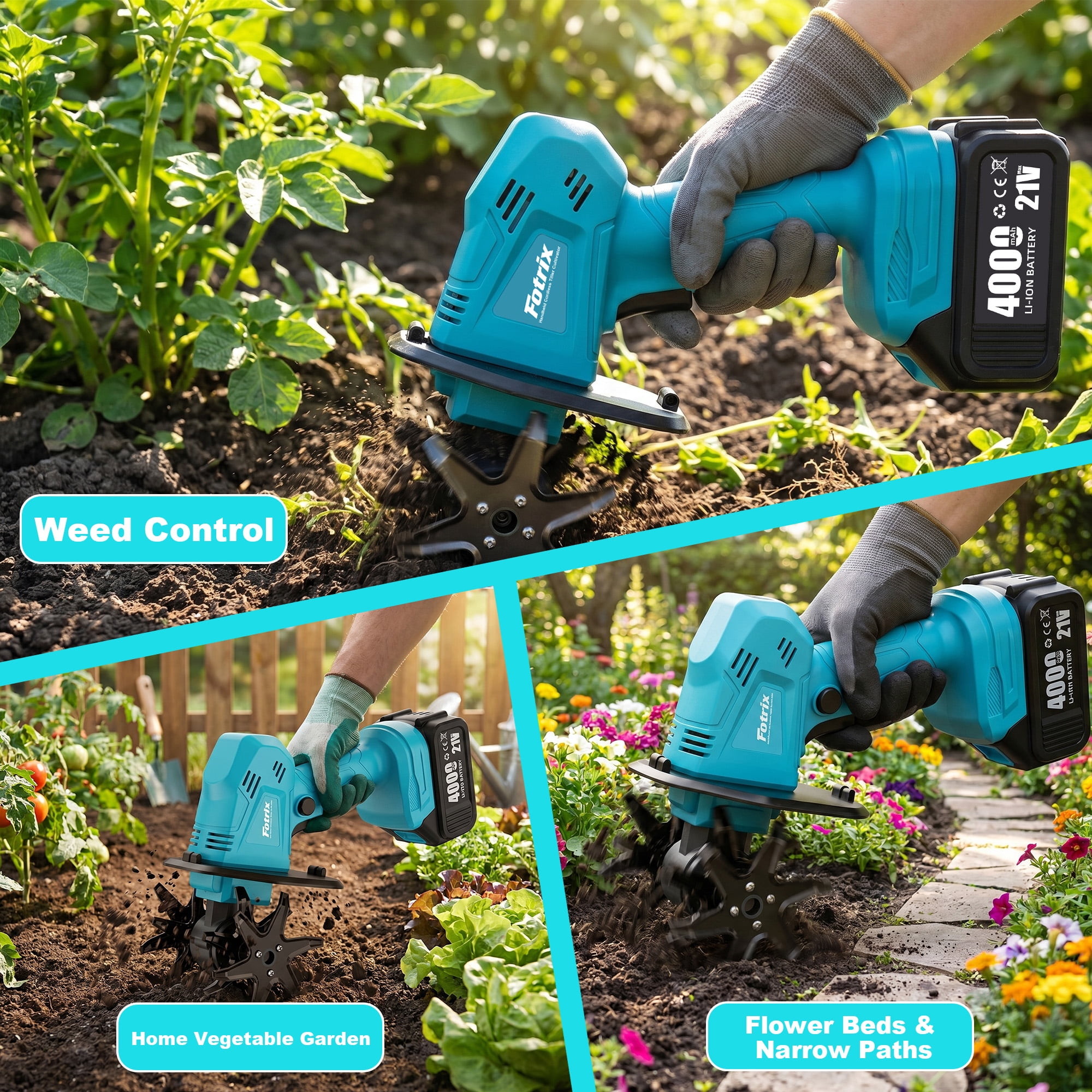 Cordless Garden Tiller Cultivator with 2 x 4.0Ah Batteries, Mini Handheld Electric Tiller for Soil Cultivation, Weeding & Raised Garden Beds