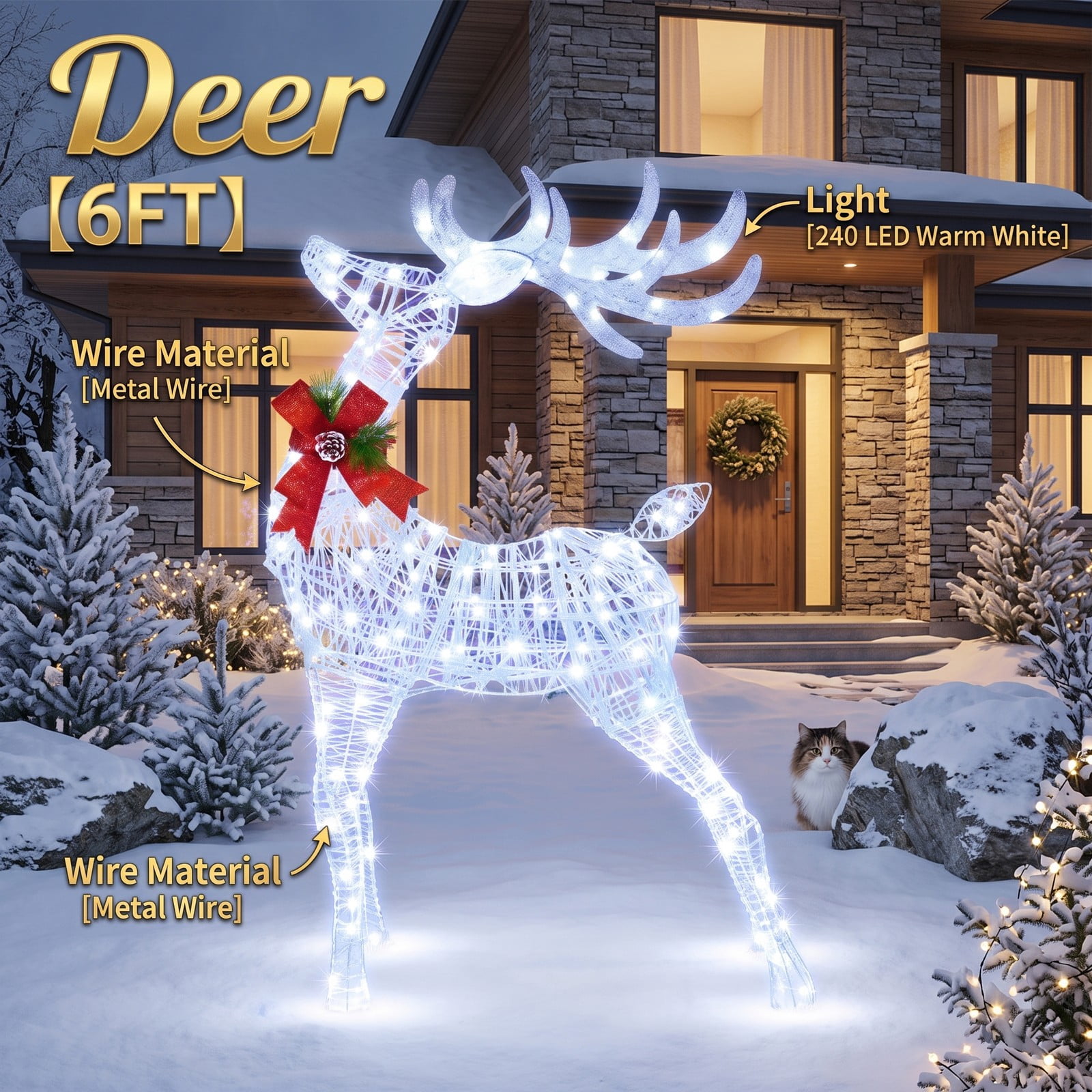 ALPULON Lighted Christmas Reindeer Yard Decoration with Cool White LED Lights, Waterproof Metal Outdoor Holiday Decor with Ground Stakes for Lawn Garden Porch, White