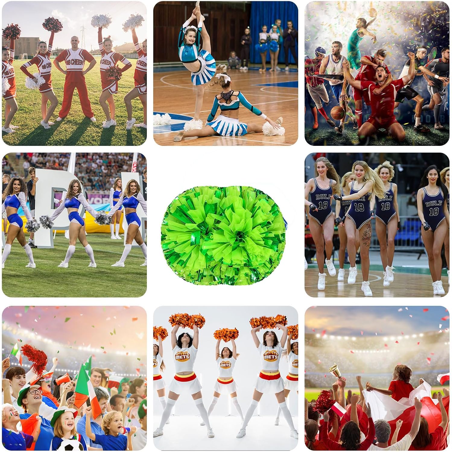 Cheerleader Pom Poms 12 Pack Sports Dance Cheering Plastic Metallic Cheerleading Pom Poms for Kids Adults