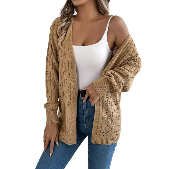 Fgnfyis Long Cardigans for Women Long Sleeve Crochet Cardigan Sweater for Fall Winter Lightweight Hollow Out Khaki_001 XL