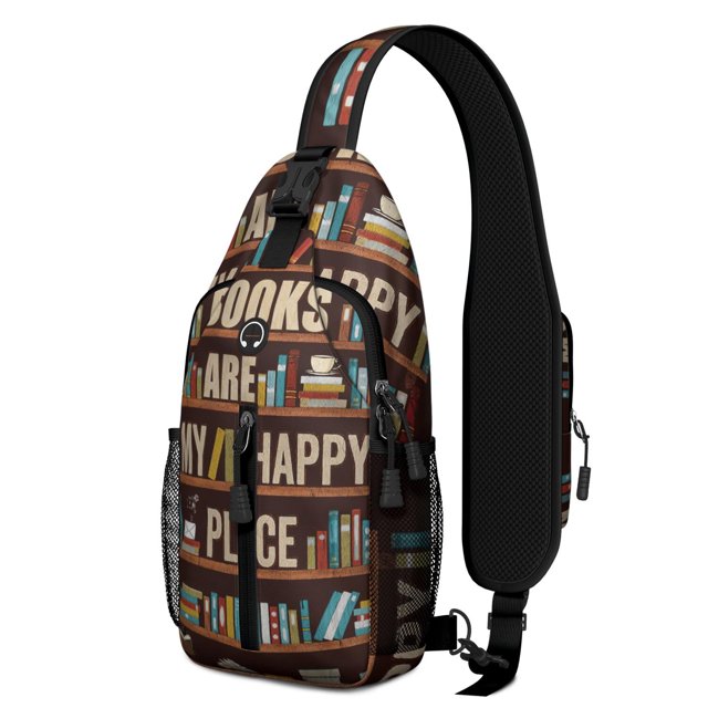 Library Bookshelf Print Sling Backpack, Book Lover Reading Room Crossbody Daypack, Classic Book Club Gift Bag