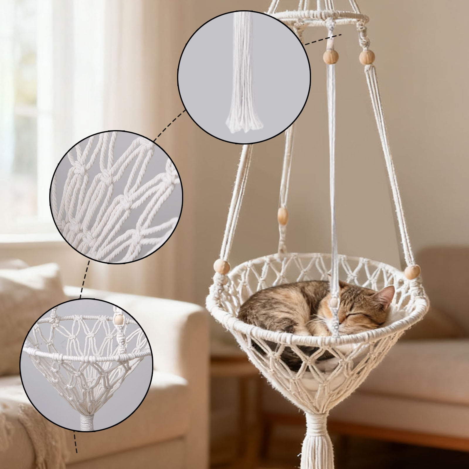 Boho Cat Hammock Wall Mounted - Macrame Hanging Cat Bed, Window Perch Pet Swing for Indoor Cats, Handwoven Cat Nest for Sleeping, Playing, and Climbing